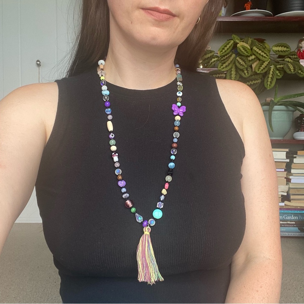 Multicolor Beaded Necklace with Heart Clasp & Tassel Butterfly Spiritual Mala